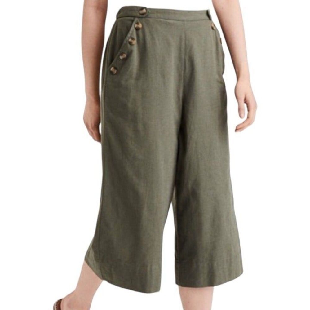 American Eagle Pants Womens Small Green Crop Wide Leg Pull-On Linen Blend